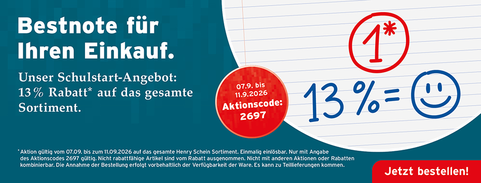 Bestnote für Ihren Einkauf - Unser Schulstart-Angebot: 13 % Rabatt* auf das gesamte Sortiment. Aktion gültig vom 07.09. bis 11.09.2026. Aktionscode: 2697